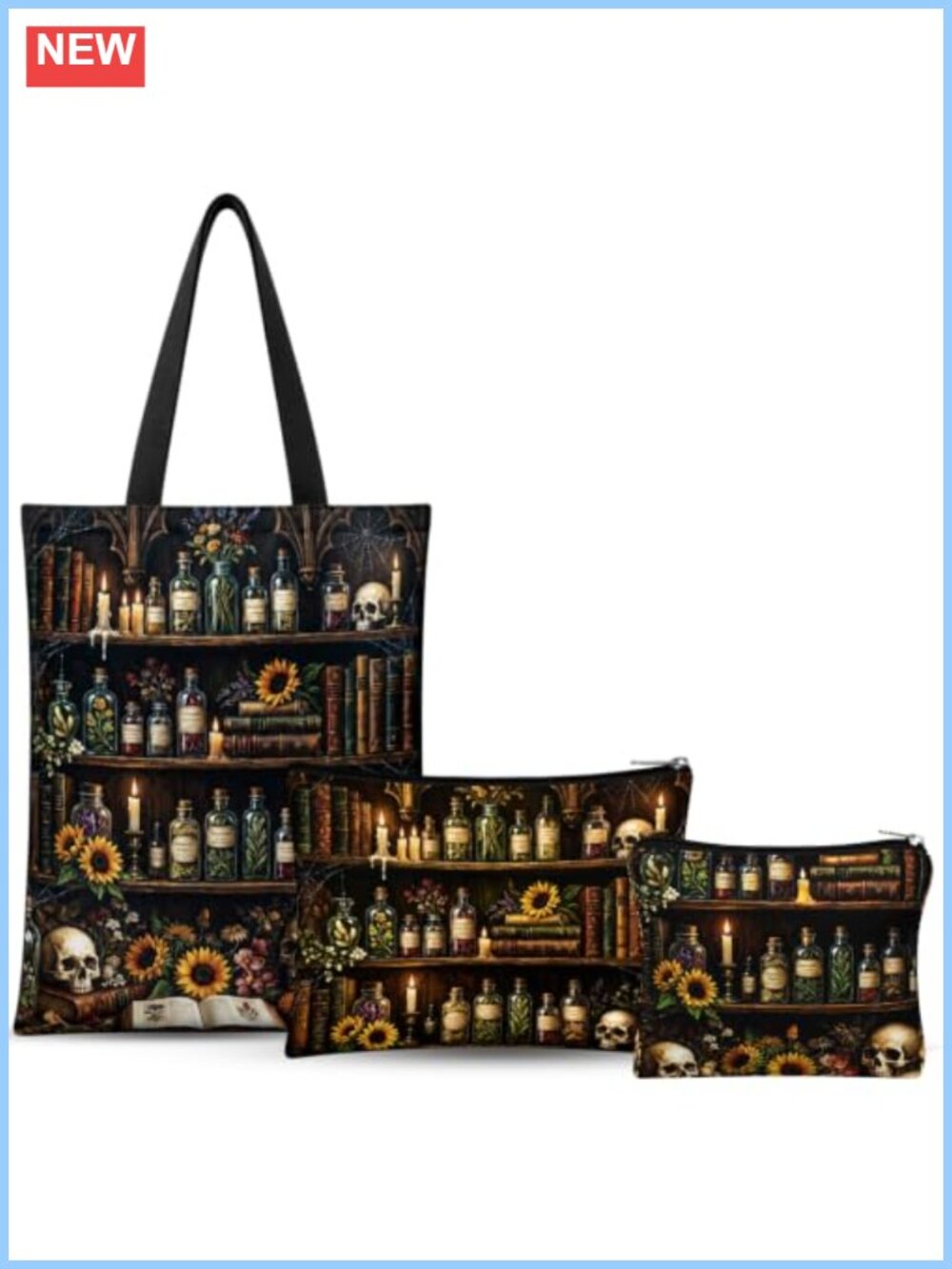 3 Pc Canvas Tote Makeup Bag Coin Purse Set Goth Skull Bookshelf